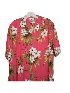 Vintage Hilo Hattie Hawaiian Floral Shirt Mens L Pink White Plumeria Rayon
